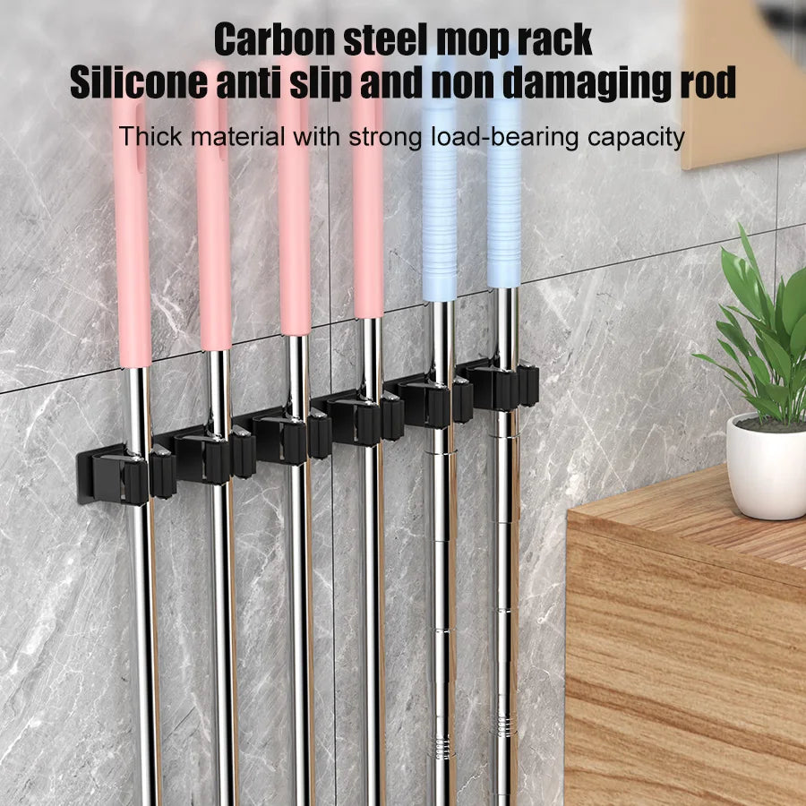 Mop Broom Holder 6 Position Multi-Functional Broom Hanger Shelf Bathroom Organization Accessories Home Kitchen Storage