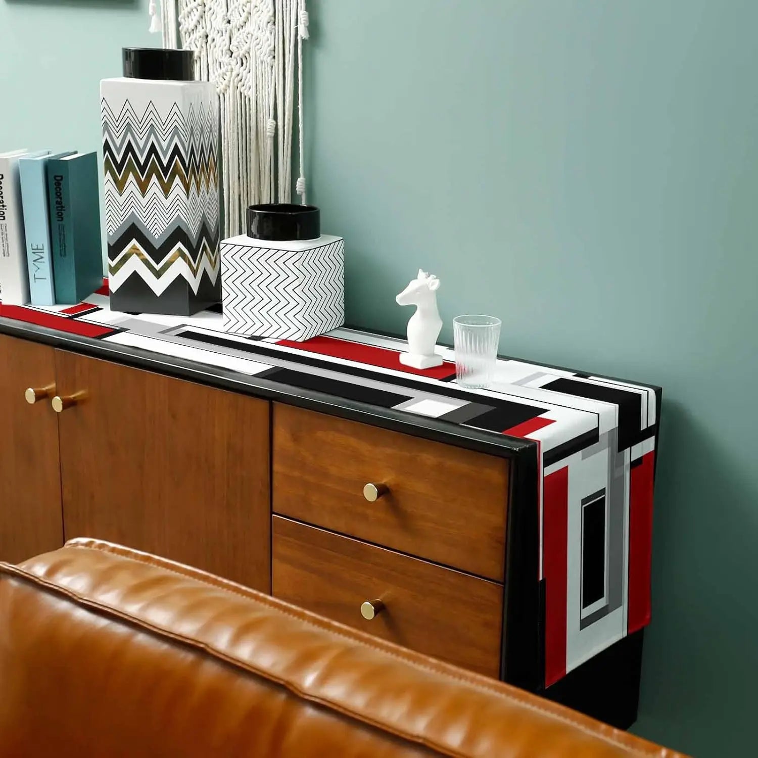 Red Black Boho Color Block Linen Table Runner Holiday Party Decor Geometric Abstract Table Runners Kitchen Dining Table Decor