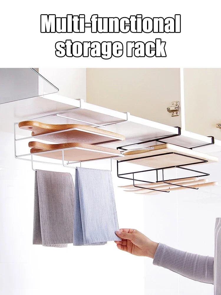 Cutting Board Kitchen Shelf, Double-Layer Perforation-Free Cabinet Hanger, Rag, Cutting Board Storage And Finishing Iron Hanger