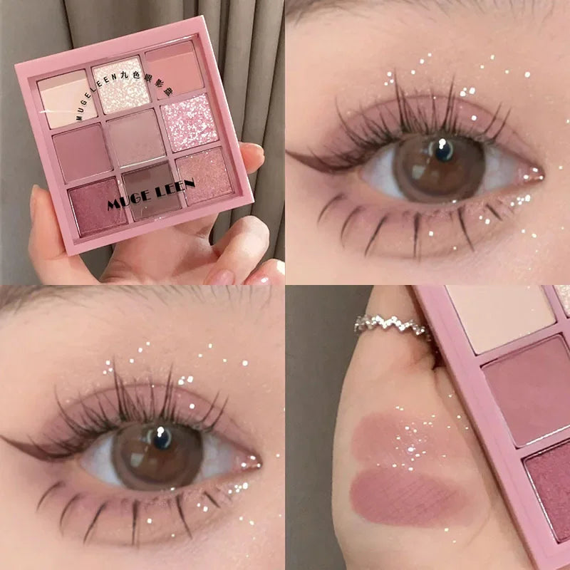 MUGE LEEN Nine-Color Eyeshadow Palette Matte Pearlescent Rose Smoke Peach Earth Tone Milk Tea Powder for Eye Makeup