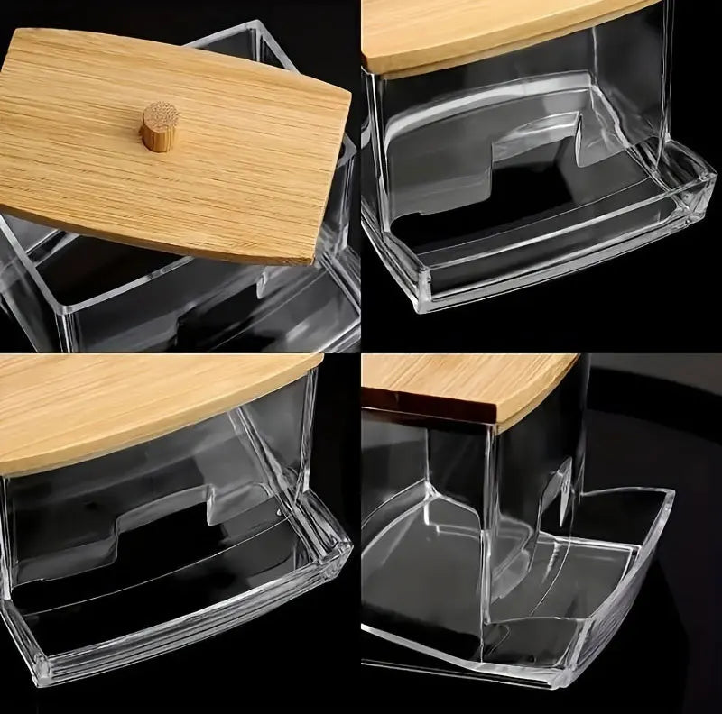 Acrylic Storage Box Bathroom Jar Makeup Organizer Cotton Round Pad Holder Cotton Holder Dispenser with Bamboo Lid Clear Plastic