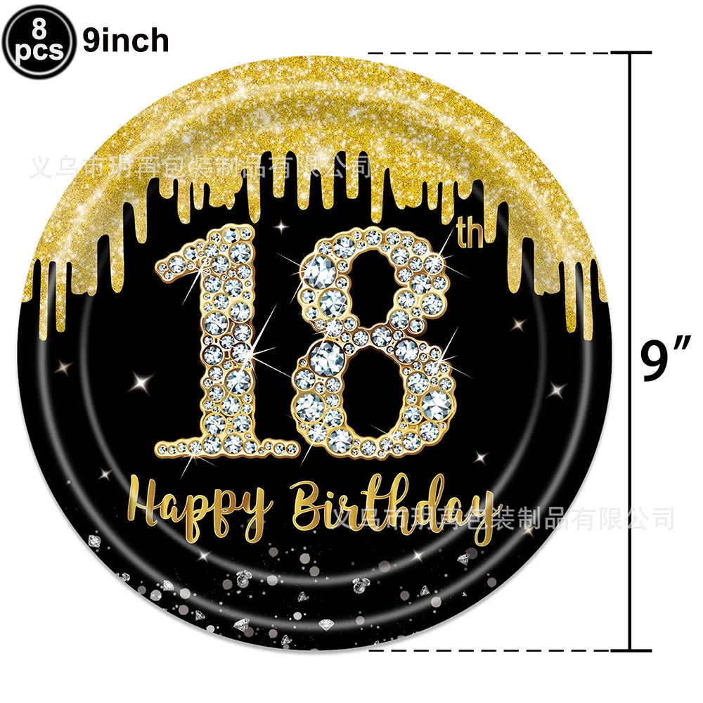 18th Birthday Decors for Boys Girls Black Gold Party Banner Balloon Tablecloth Plate Cup Napkin 18 Years Birthday Party Supplies