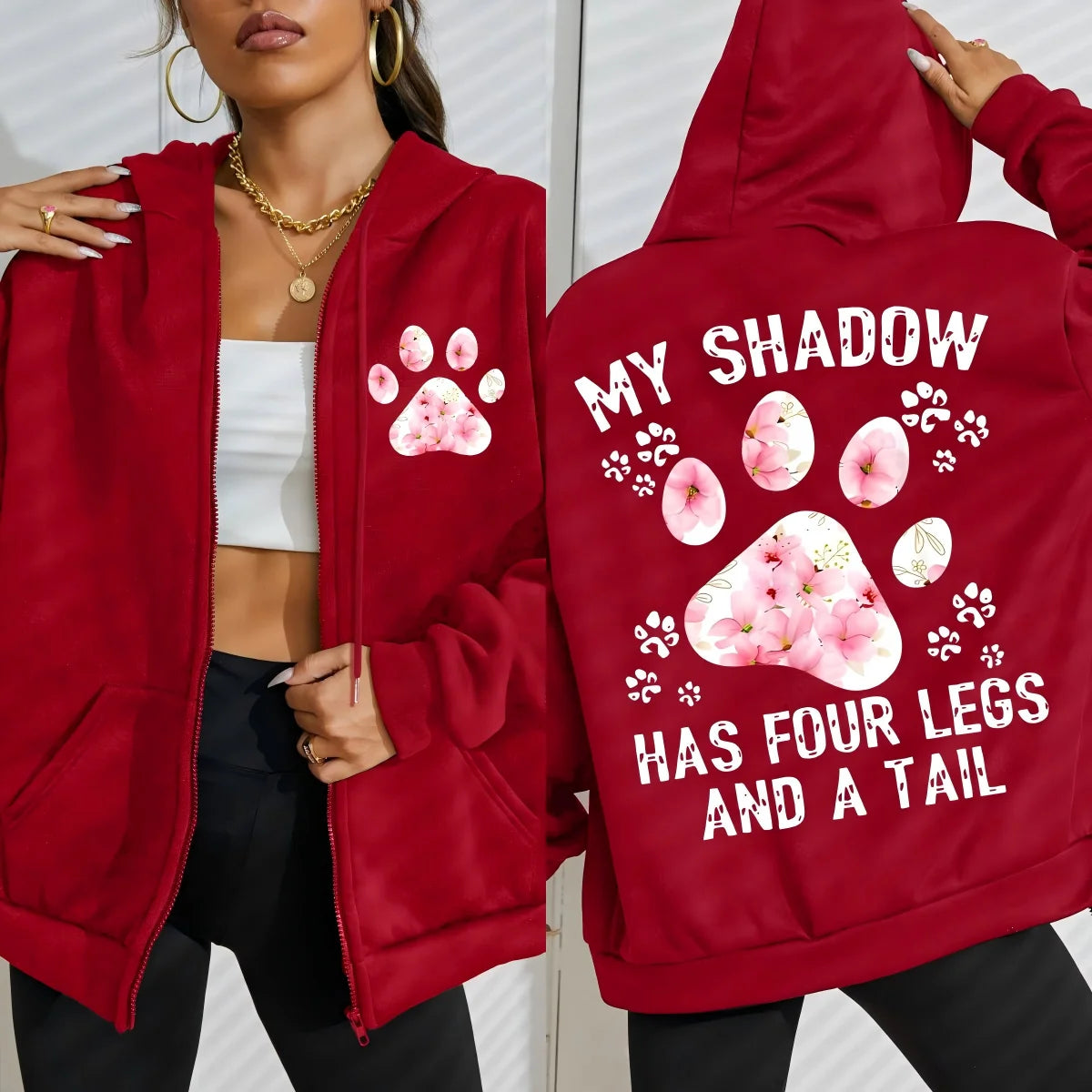 Flower Cat Feet My Shadow Has Four Legs And A Tail Print Zipper Hoody Woman Y2K Autumn Hoodies Loose Fleece Casual Sportswears