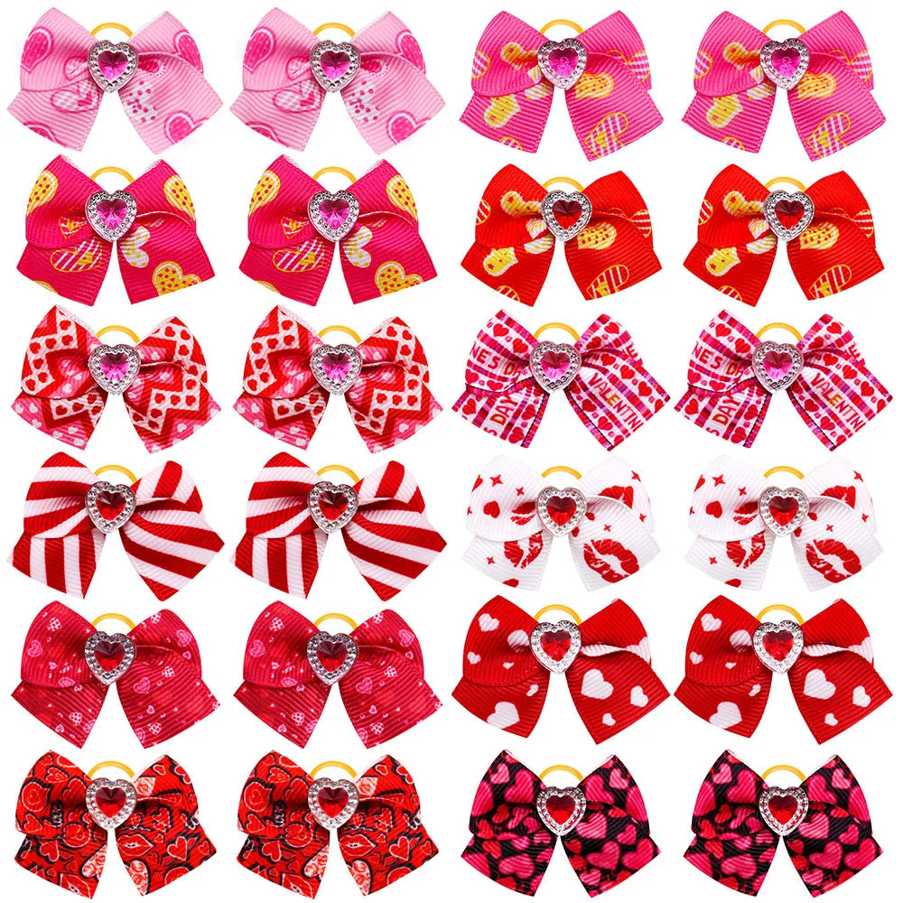 20PCS Red/Pink Series Dog Bows Valentine's Day Bows for Dogs Cute Cat Dog Bows for Rubber Band Pet Hair Bowknot Dog Accessories