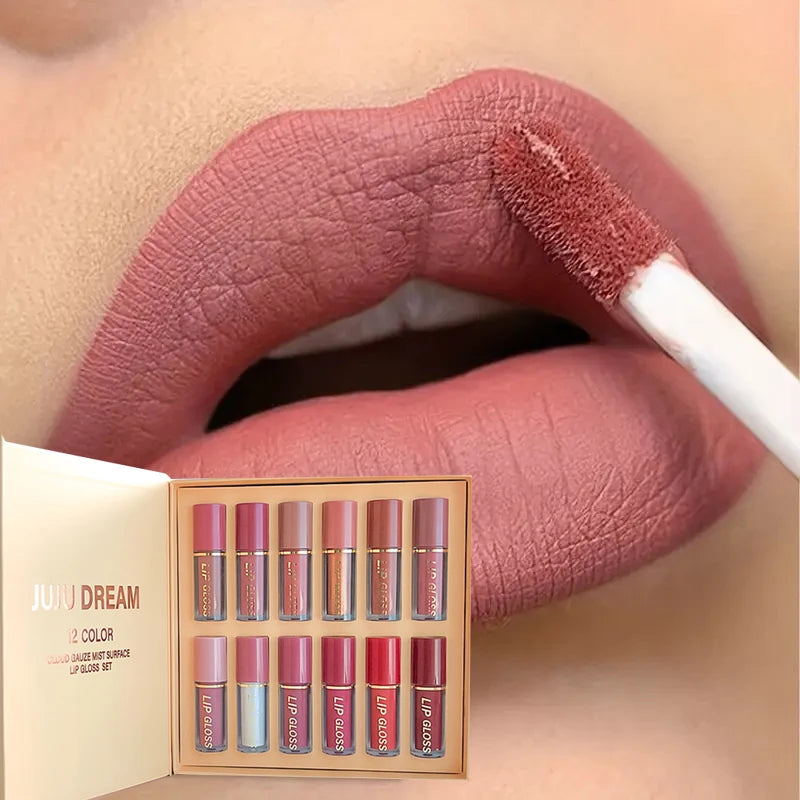 12pcs Matte Lip Glaze Set, Waterproof Long-Lasting Non-Stick Cup,Multi-Color System in Pink, Brown, Red, Purple