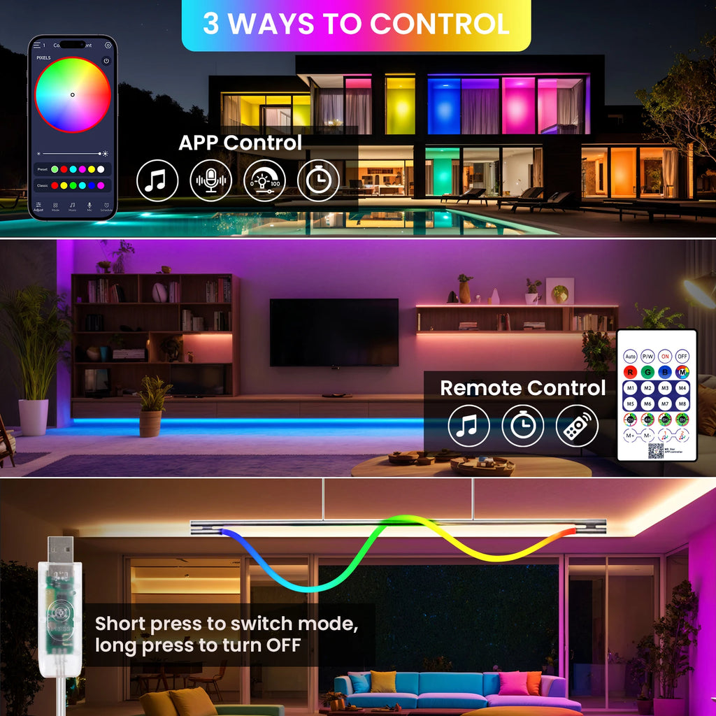 360 Glow Round RGB Neon LED Woven Strip Light 24key Bluetooth APP Remote Control 5V USB WS2812B Music Sync Waterproof Rope Decor