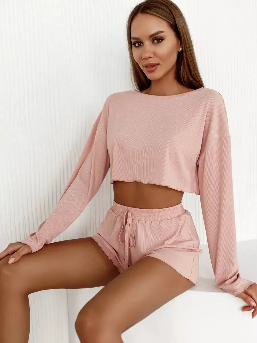 Women's Pajamas Long-sleeved Navel Leakage Top Shorts Set Knitted Fabric Comfortable Soft Breathable Fashion Simple Homewear