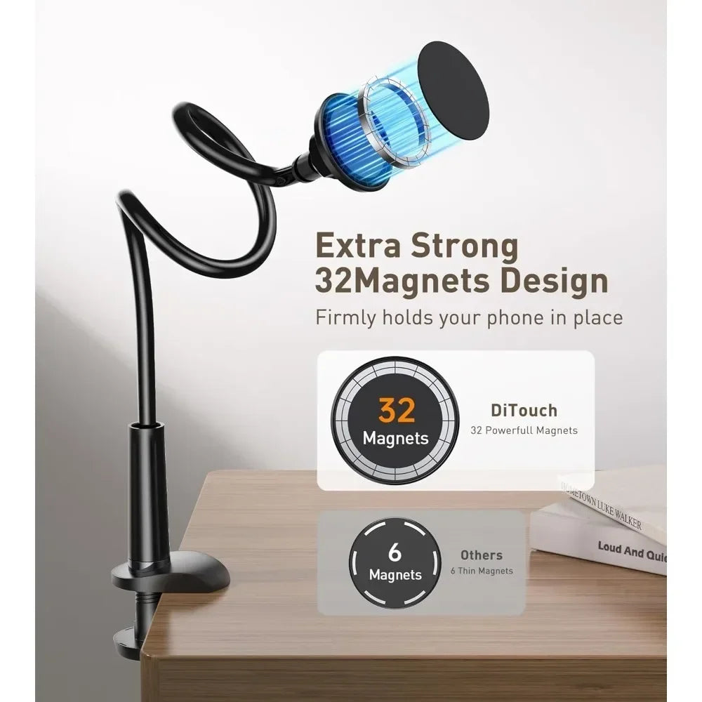 Magnetic Mobile Phone Stand Gooseneck Office Home 360° Rotation Bed Table Foldable Holder with Metal Rings for iPhone 16 15 14
