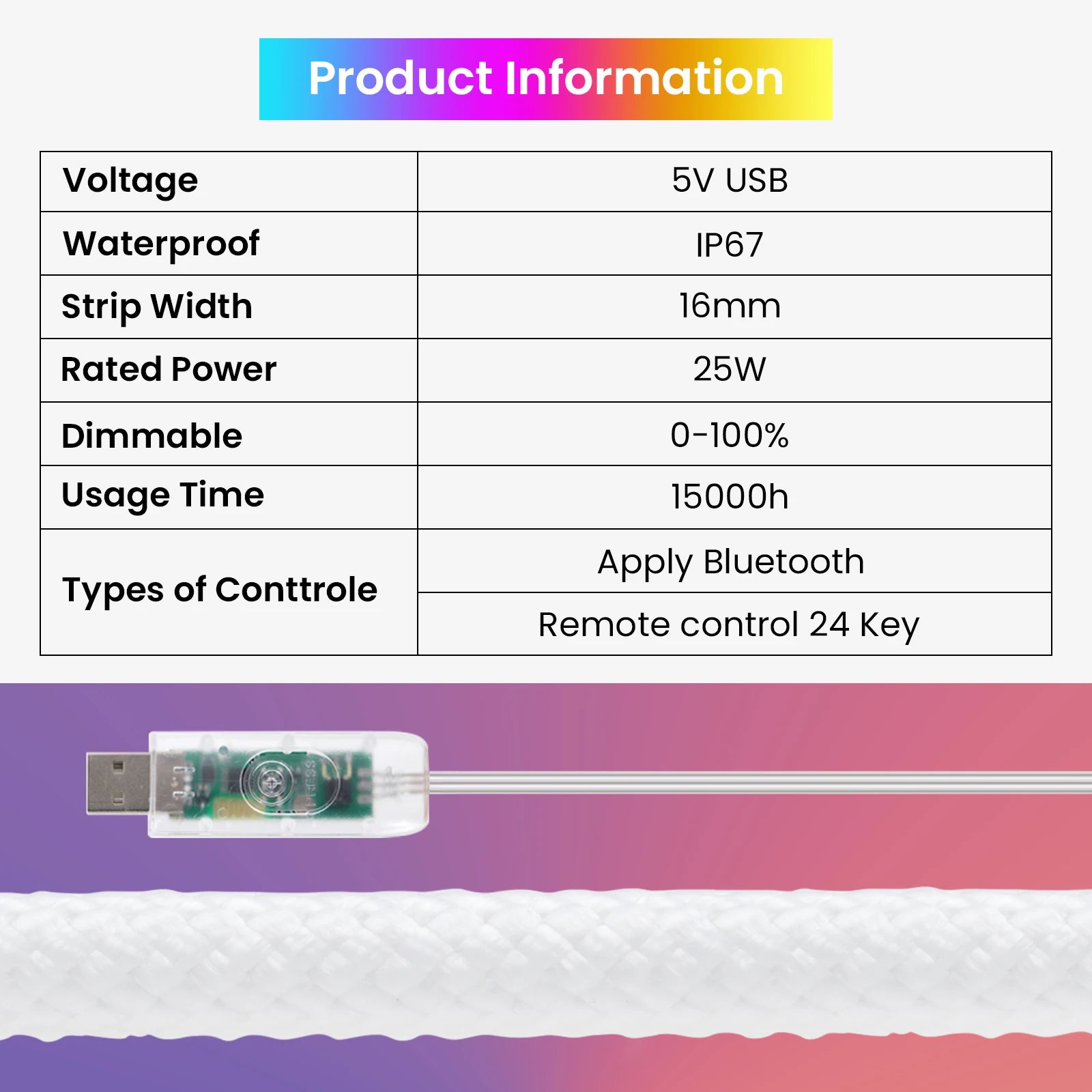 360 Glow Round RGB Neon LED Woven Strip Light 24key Bluetooth APP Remote Control 5V USB WS2812B Music Sync Waterproof Rope Decor