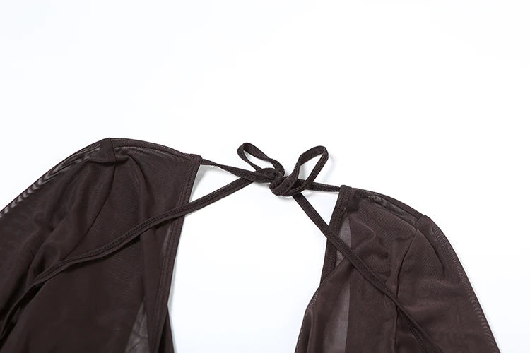 Weird Puss Mesh Sexy Summer Dress Women Cross Bandage Low-Neck Backless Flare Sleeve Midnight Coquette Midnight Party Bodycon