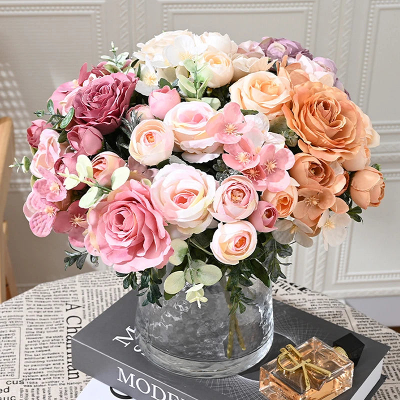 7 Heads Artificial Flowers Silk Peony Rose Hydrangea Bouquet Home Decorations Party Wedding Bride Fake Plants