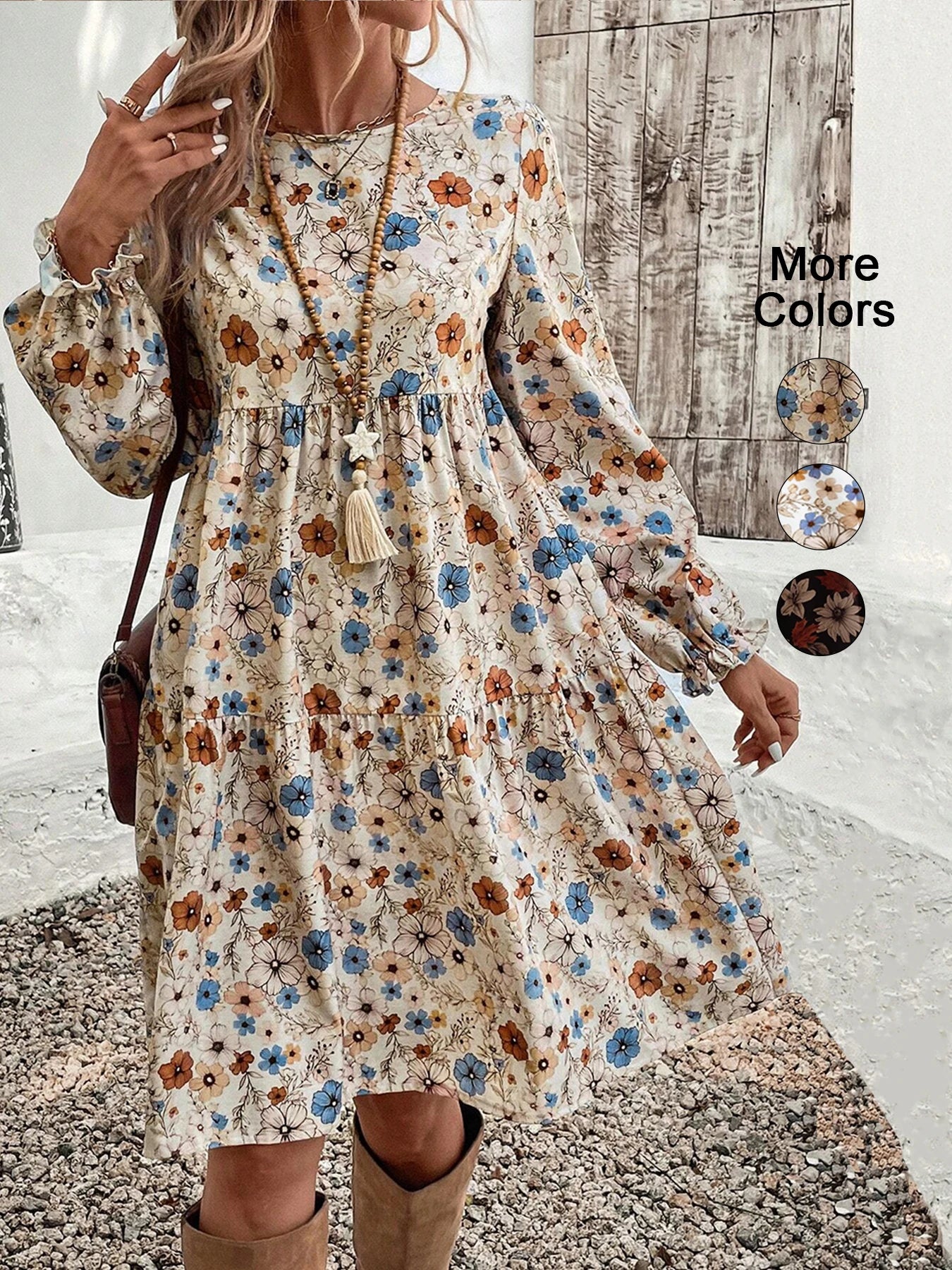 Women's Floral Print Tie Neck Flounce Sleeve Dress, Elegant Fashion Casual Dress for Daily Outdoor Wear, Women Dress for Spring