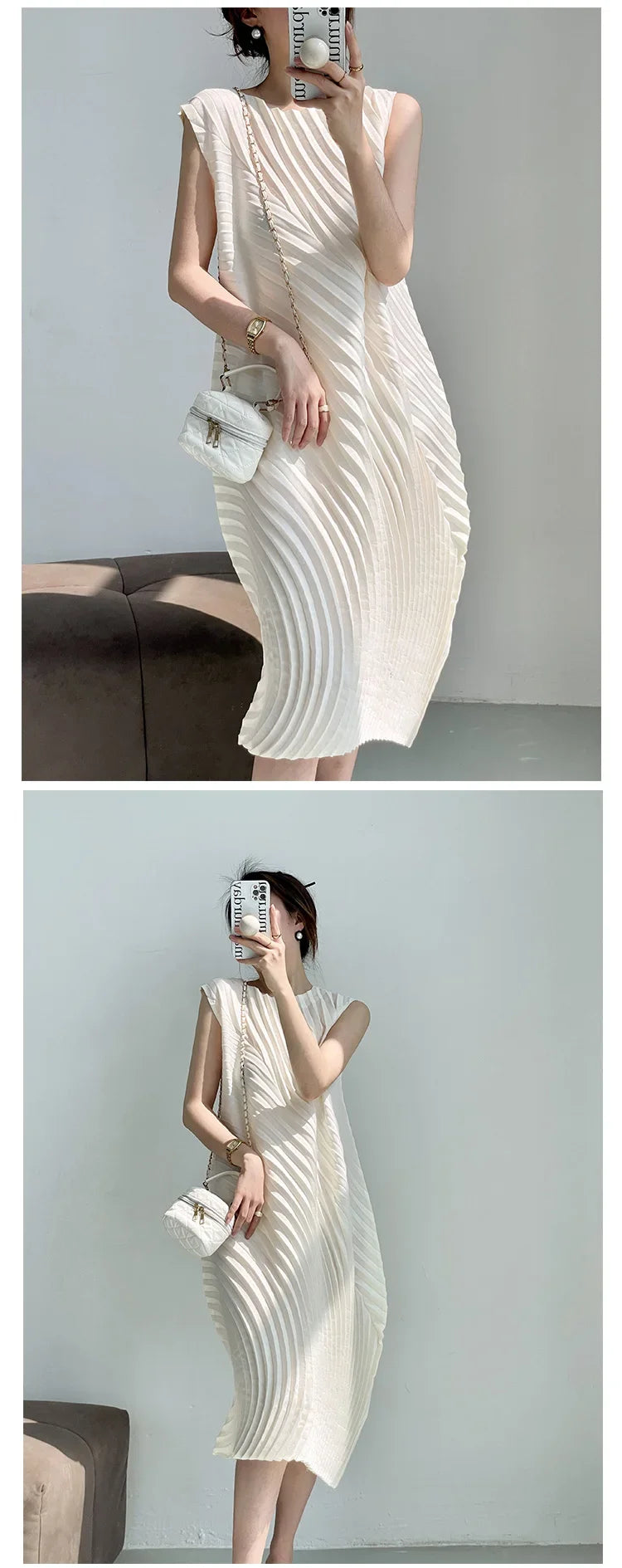 Miyake Hand Circle Pleated Sleeveless Dress Designer Long Round Neck Elegant Loose Summer Korean Style Aesthetic Clothes
