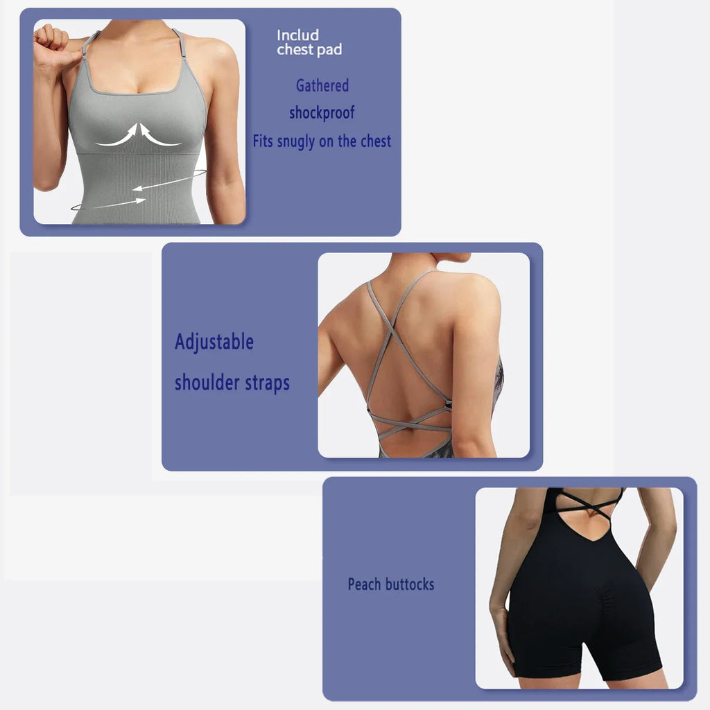 Yoga Sxy Criss Cross Backless Cami Sports Romper,Women's Jumpsuits Ribbed One Piece Workout Sleeveless Rompers Tank Top Shorts