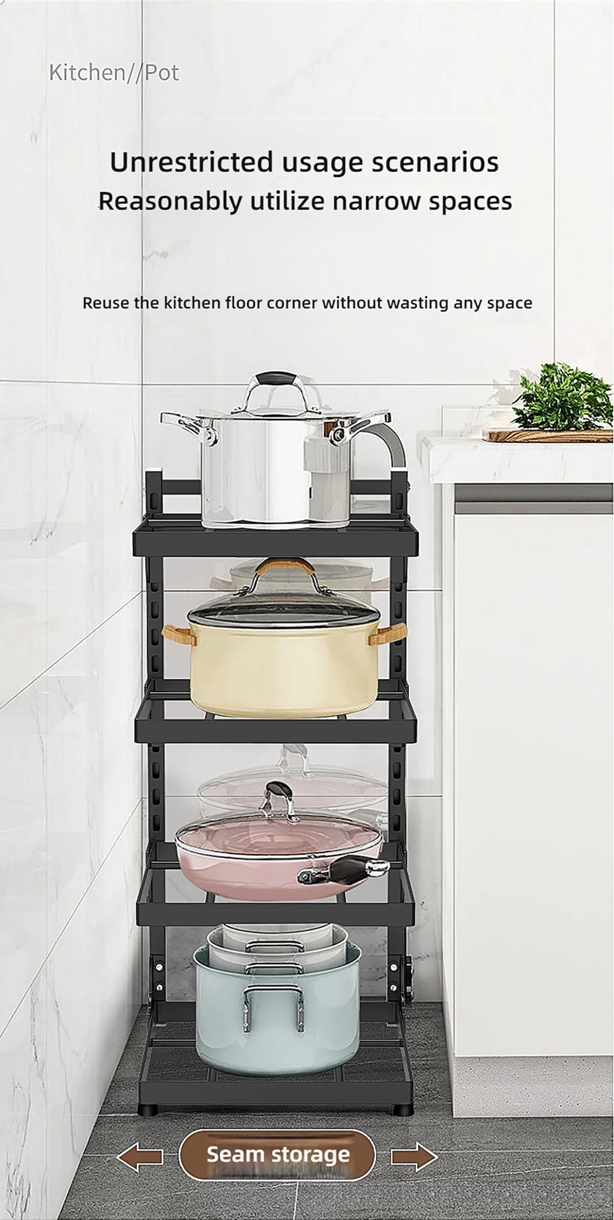 Kitchen Shelf Space-saving Kitchenware Storage Rack Adjustable Pot Rack 2-4 Tiers Under Sink/Corner Applicable