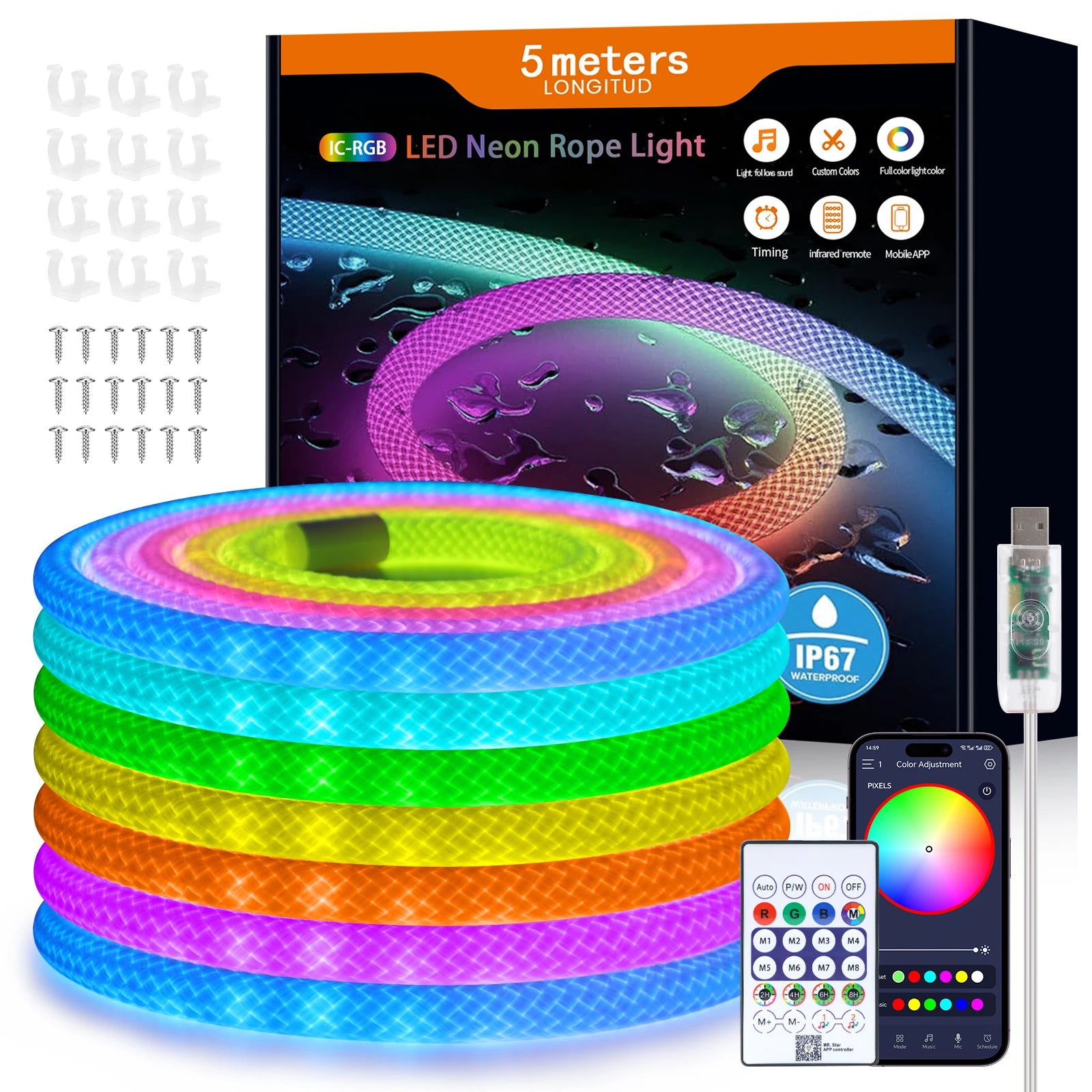 360 Glow Round RGB Neon LED Woven Strip Light 24key Bluetooth APP Remote Control 5V USB WS2812B Music Sync Waterproof Rope Decor