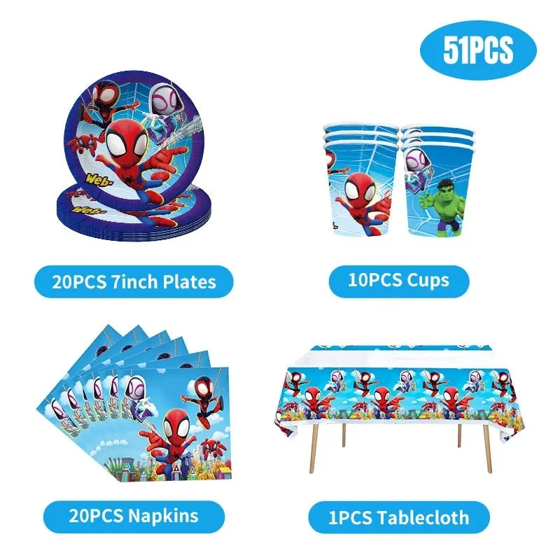Spidey And His Amazing Friends Birthday Decoration Tableware Supplies Party Paper Cups Plates Tablecloth Banner Balloons For Kid