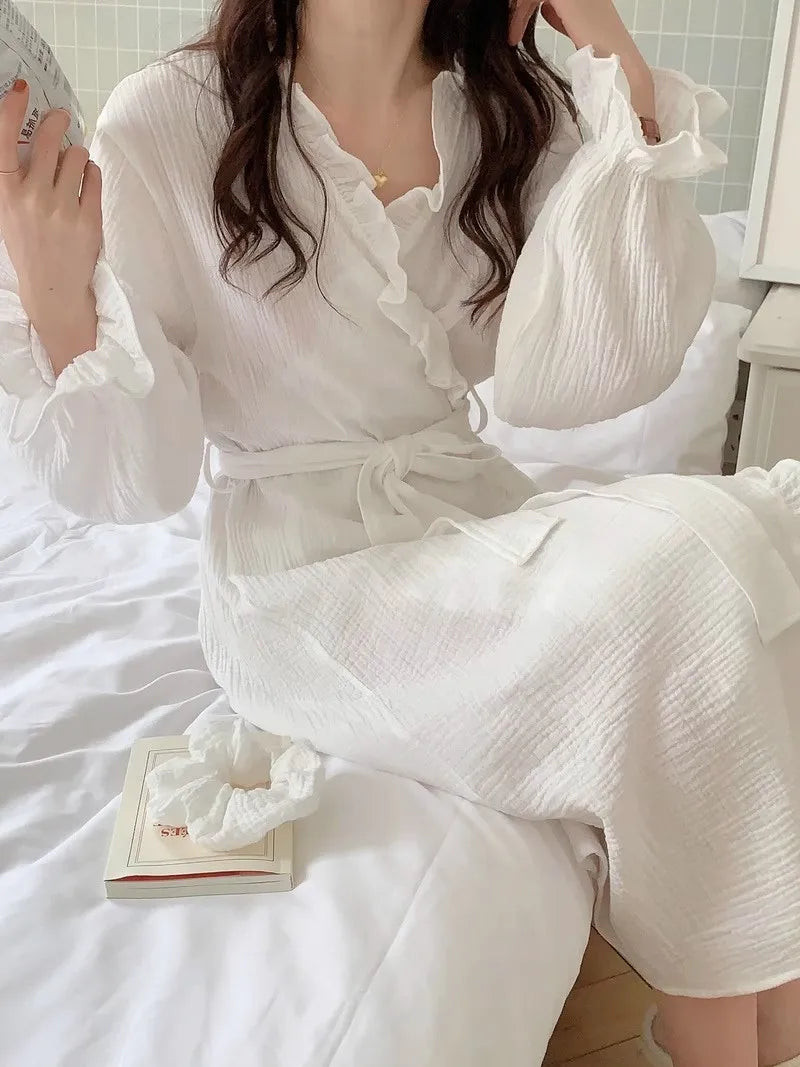 Women's Spring and Summer New Simple Long-Sleeved Robe Girls Sweet Ins Wind Ruffled Thin Section of Solid Color Pajamas Home Wea