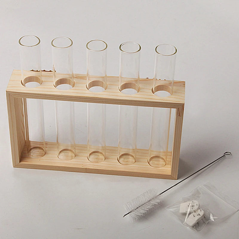 Hydroponic Plants Container with Wood Frame Transparent Glass Test Tube Vase Flower Pot Home Tabletop Bonsai Decorations Crafts