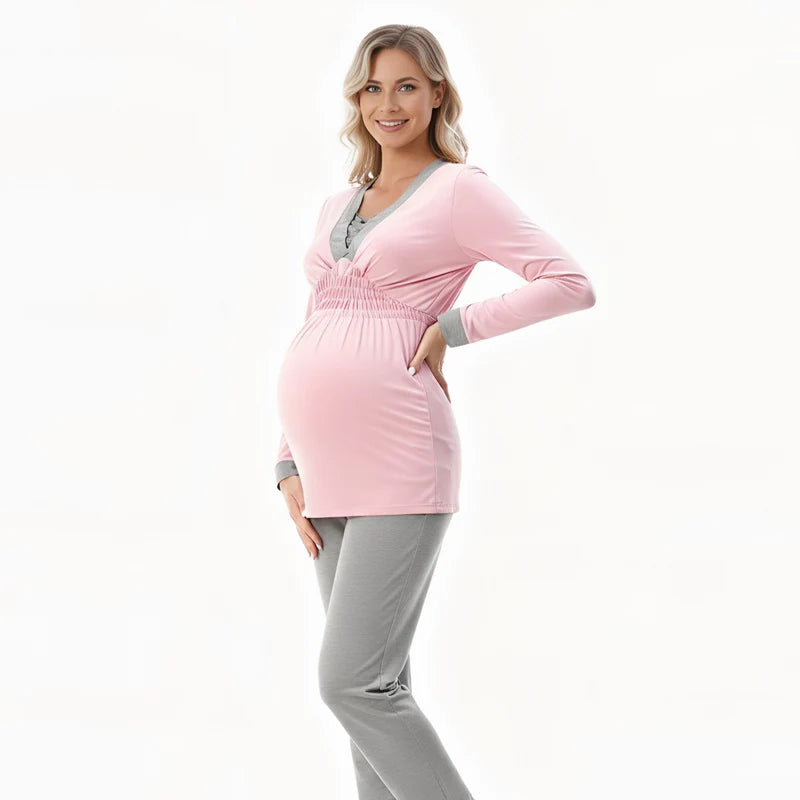 Maternity Clothes Pajamas Postpartum Breastfeeding Nightgown Spring Autumn Sleepwear For Pregnant Women Homewear Set 2PCS