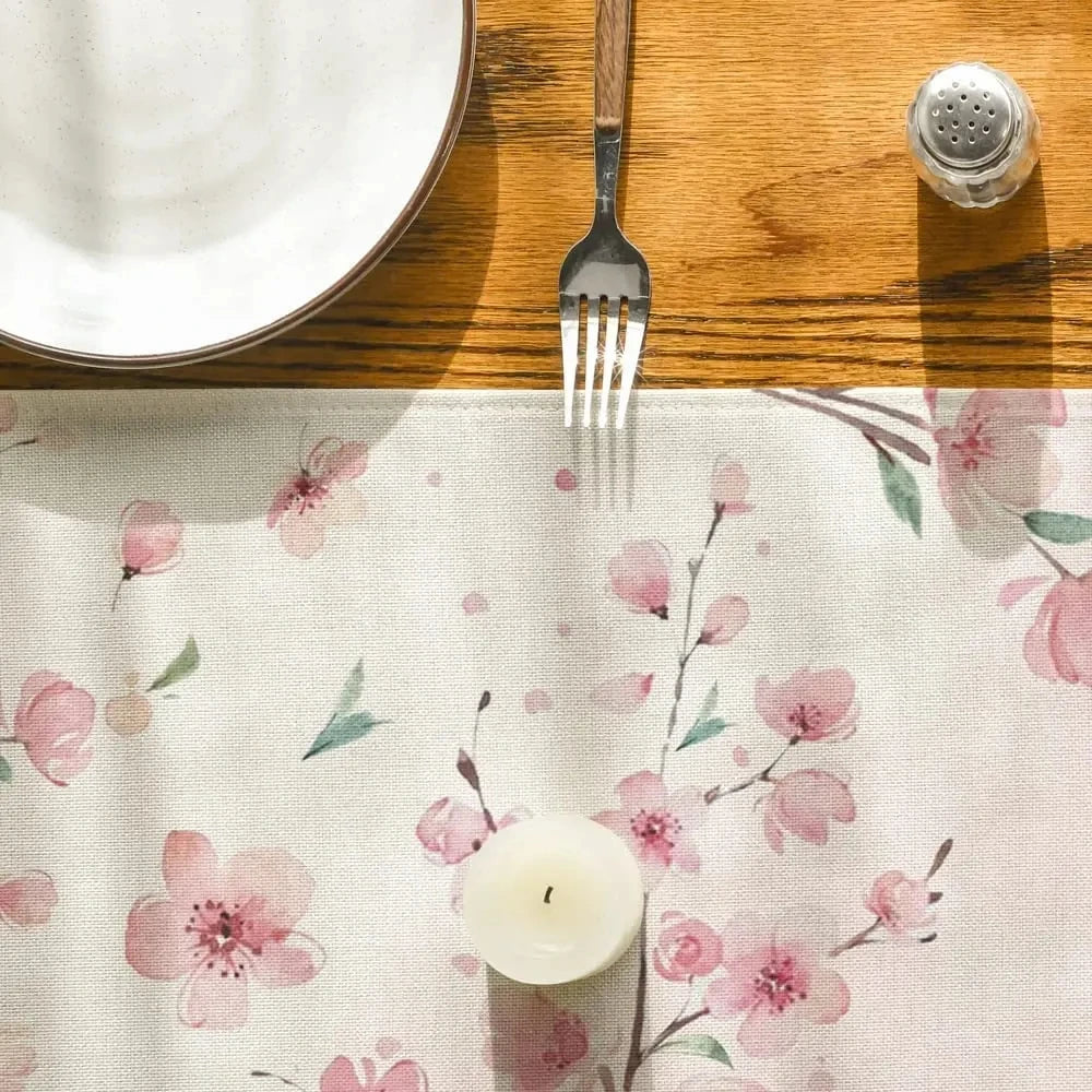 Spring Sakura Cherry Blossoms Branches Linen Table Runner Summer Kitchen Dining Table Decor Outdoor Picnic Wedding Party Decor