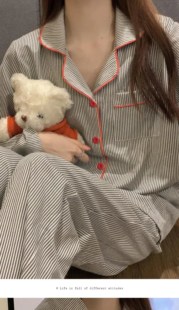 Pajamas Women Long Sleeve Trousers Summer Grey Cardigan Striped Sleepwear Loungewear Two Piece Set Ladies Nightwear Homewear