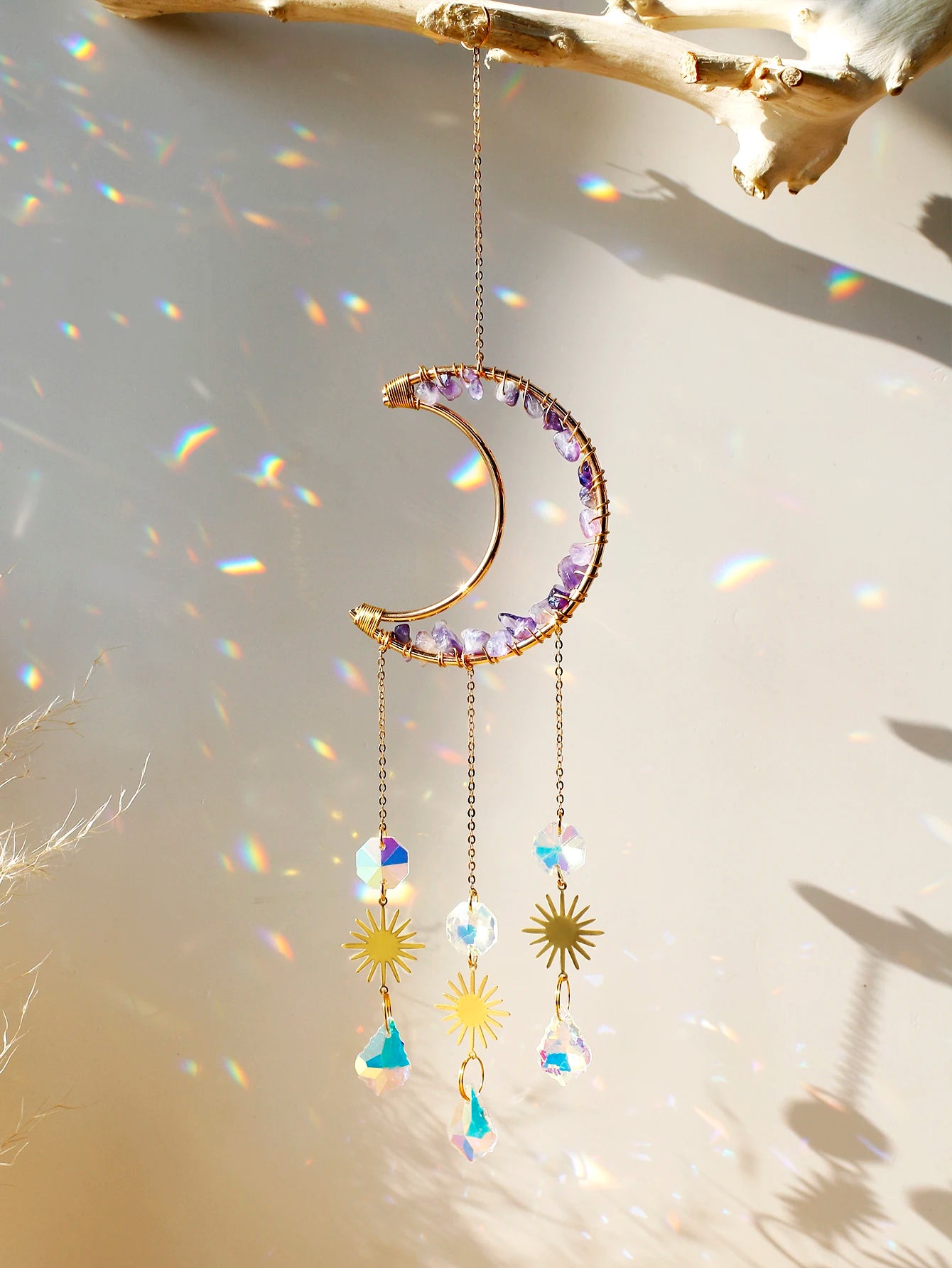 Natural Moon Crystal Suncatcher Ornament With Colorful Prism Pendant For Garden Patio Porch Balcony Window Home Decoration Gift
