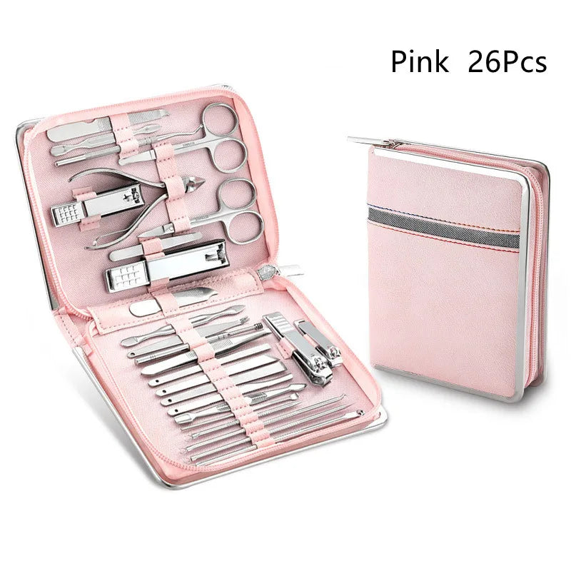 11-26 Pcs Manicure Set Stainless Steel Nail Clippers Cuticle Nipper Pedicure Care Tool Dead Skin Scissor Cleaning Grooming Kit