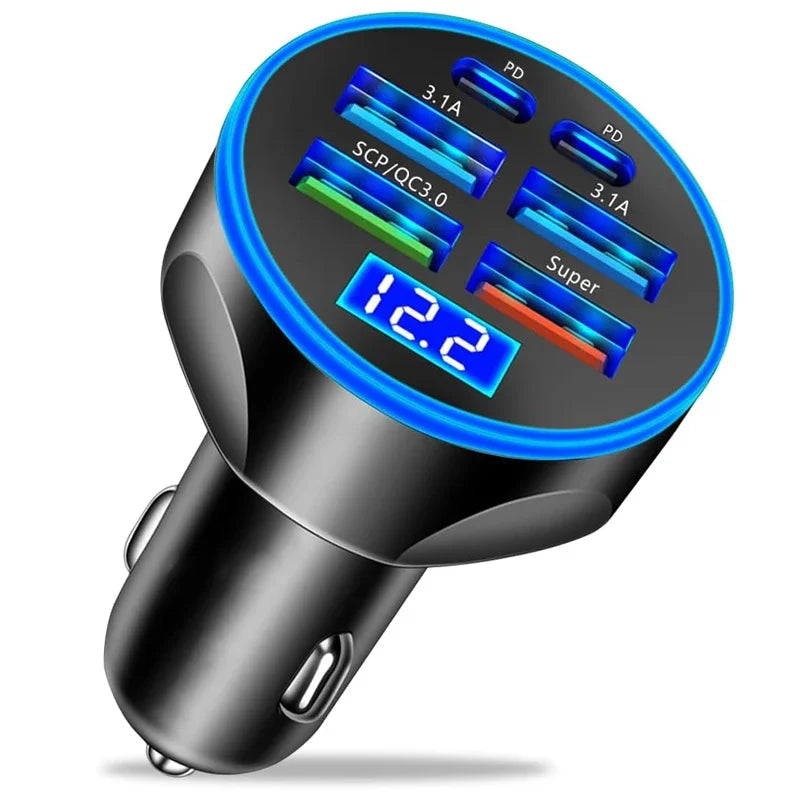 6 in 1 USB C Car Charger Adapter with Voltage Monitor Fast Charging in Car for iPhone Samsung Vivo OPPO Oneplus Mobile Phones