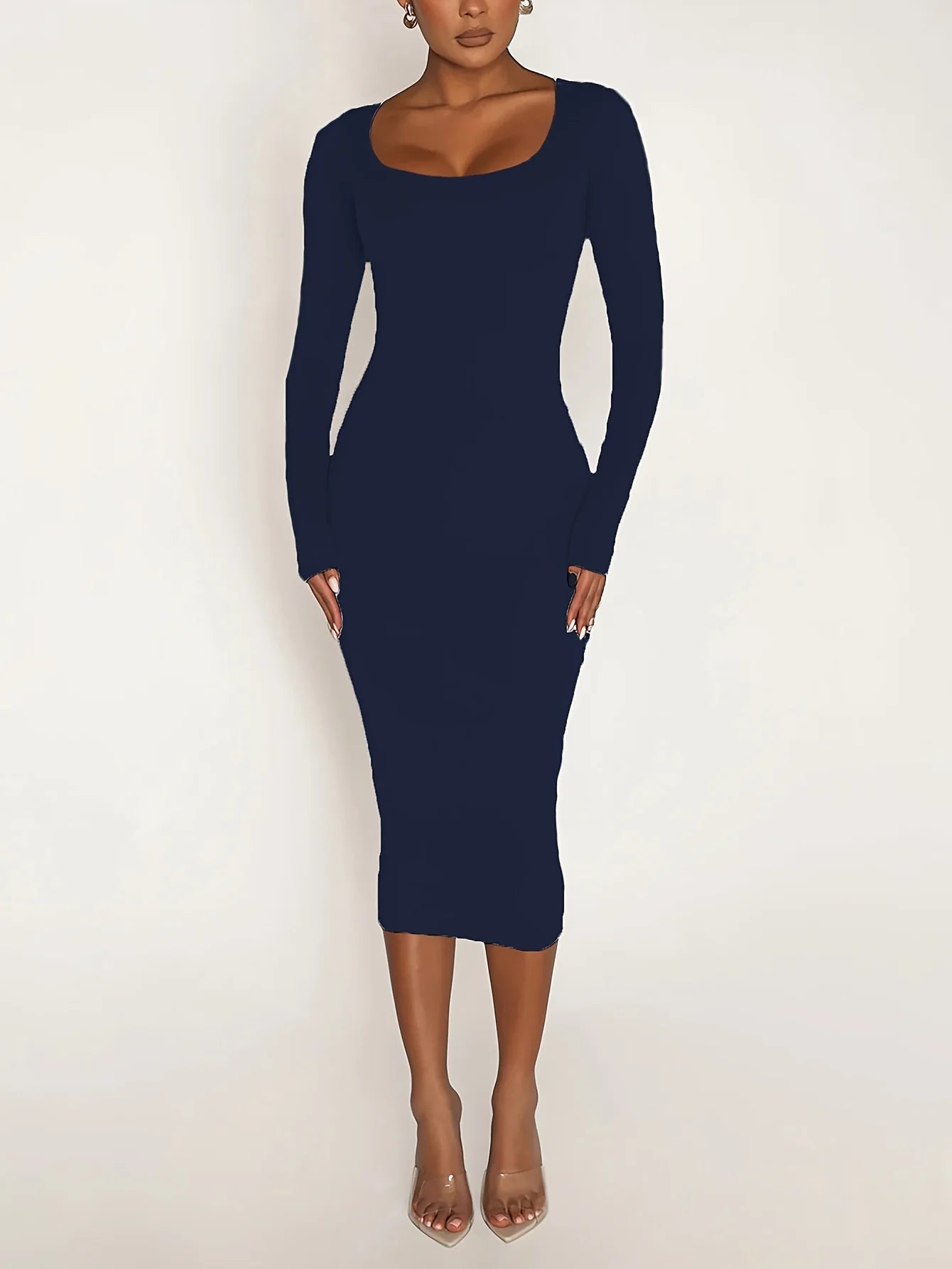 Womens Long Sleeve U-Neck Party Bodycon Midi Jumper Dress Stretch Winter Dresses