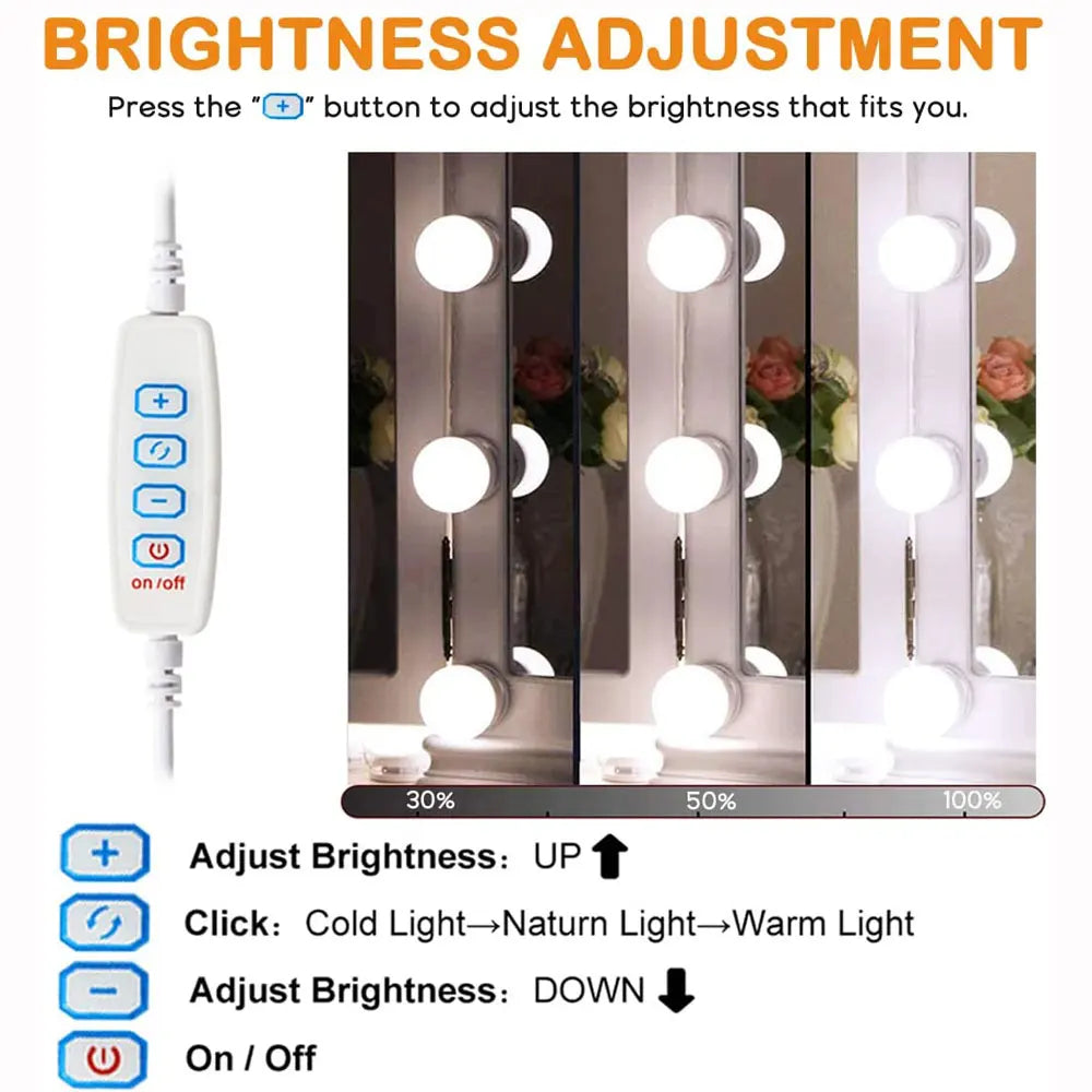 Vanity Mirror Lights Kit Adjustable Color And Brightness With 10 LED Light Bulbs Fixture Strip For Makeup