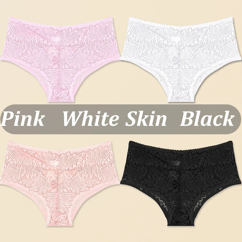 4PCS/Set Women Floral Lace Thongs Sexy Perspective G-String Mid Waist T-back Female Breathable Intimates Brazilian Underwears