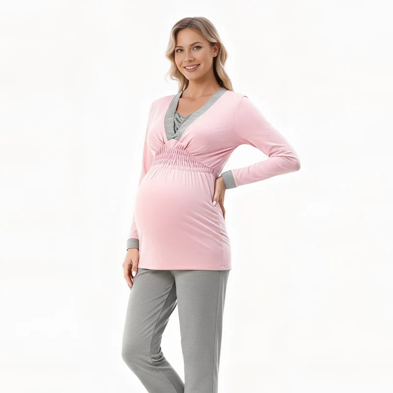 Maternity Clothes Pajamas Postpartum Breastfeeding Nightgown Spring Autumn Sleepwear For Pregnant Women Homewear Set 2PCS