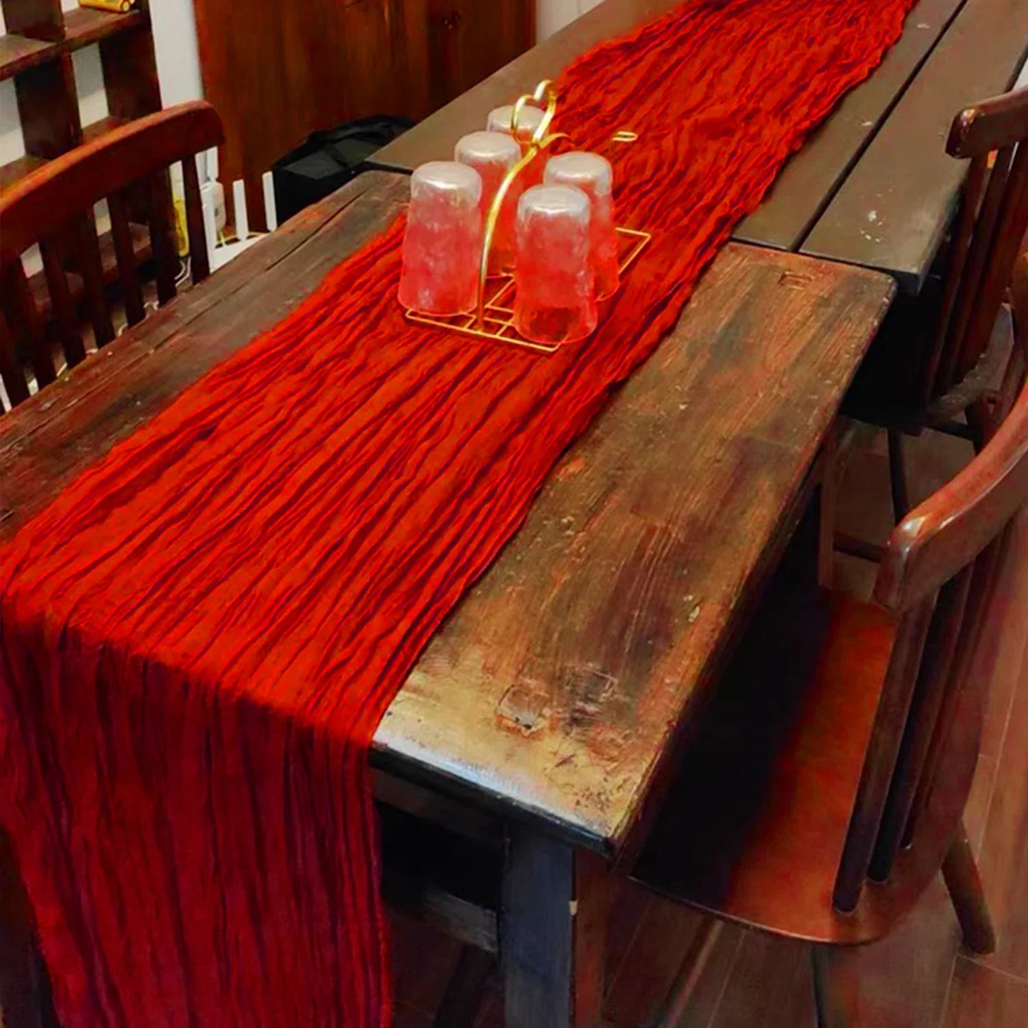 Valentine Red Long Table Runner Wedding Party Banquets Bridal Baby Shower Christmas Decorations Boho Gauze Polyester Cheesecloth