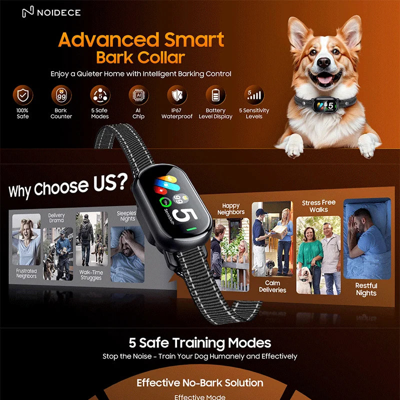 New Pet Dog Barking Collar with Sound Vibration Shock IP67 Waterproof Functions Smart Dog Sound Recognition System TFT screen