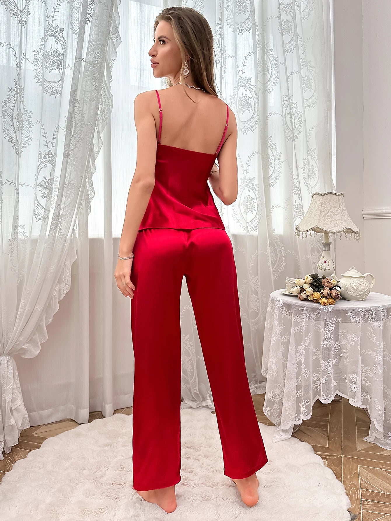 Pajama set Spring summer halter pants two-piece fashion thin imitation silk home wear women