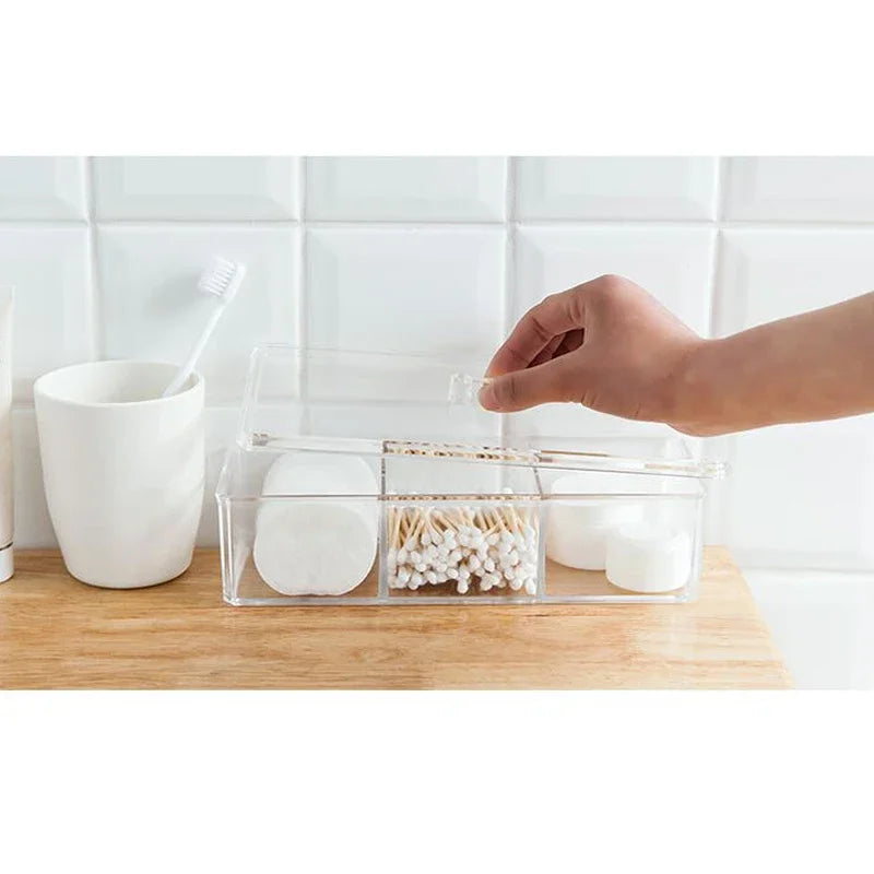 1pc Transparent Cosmetic Storage Box Acrylic Make Up Organizer Three Grid Cotton Swab Cotton Pad Storage Box Home Organization