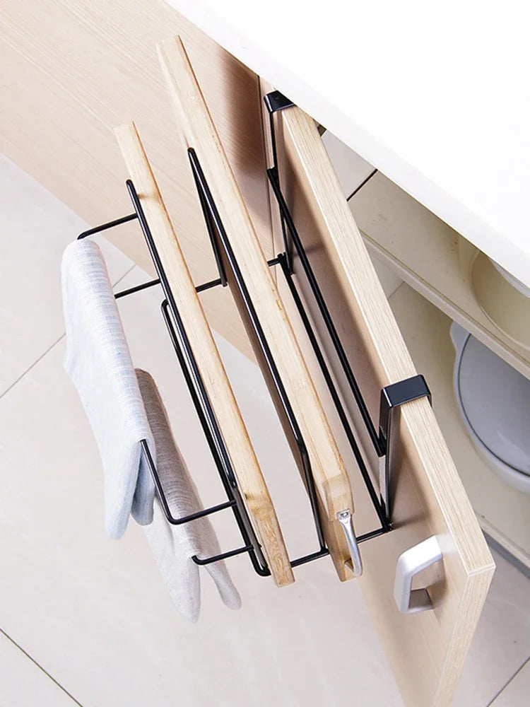 Cutting Board Kitchen Shelf, Double-Layer Perforation-Free Cabinet Hanger, Rag, Cutting Board Storage And Finishing Iron Hanger