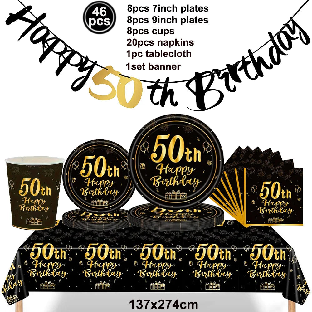 50th Birthday Party Supplies for Men Women Black and Gold 50 Years Old Party Paper Plates Cups Napkin Tablecloth Tableware Decor