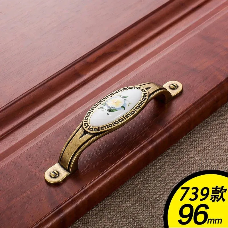European Green Flower Ceramic Handles Kitchen Cabinet Storage Dressers Classic Wardrobe Cabinet Single Hole Closet Door Pulls