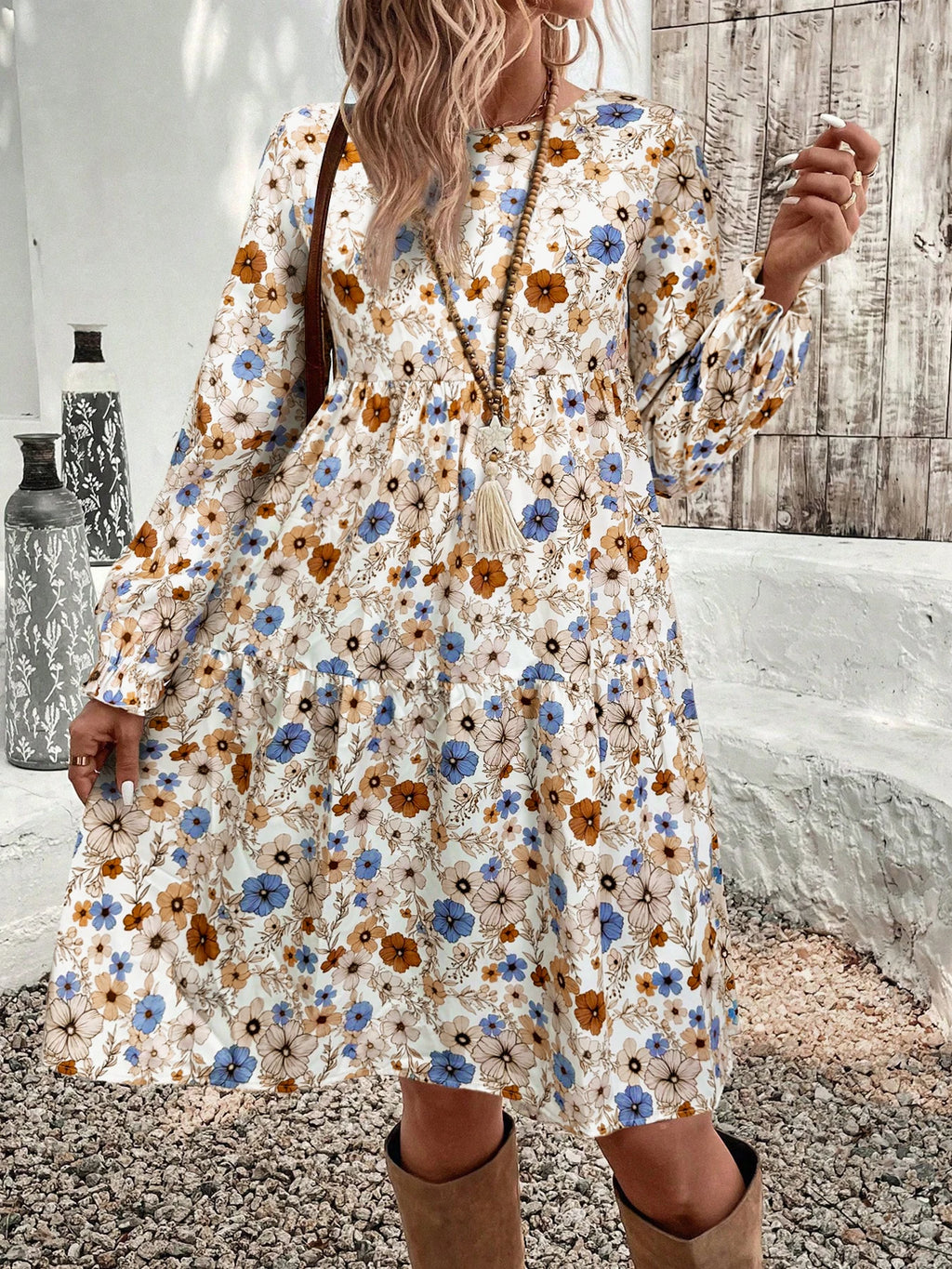 Women's Floral Print Tie Neck Flounce Sleeve Dress, Elegant Fashion Casual Dress for Daily Outdoor Wear, Women Dress for Spring