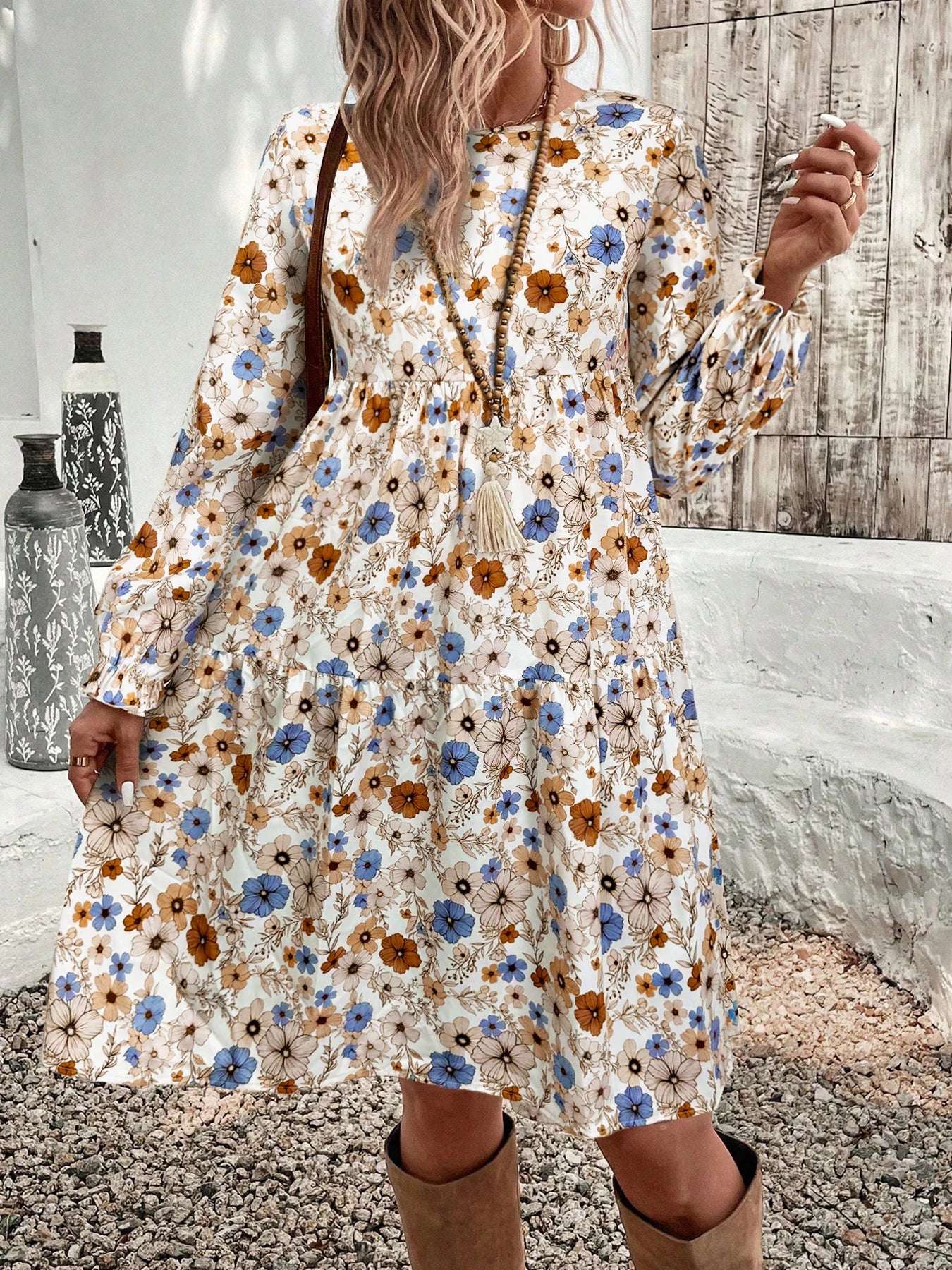 Women's Floral Print Tie Neck Flounce Sleeve Dress, Elegant Fashion Casual Dress for Daily Outdoor Wear, Women Dress for Spring