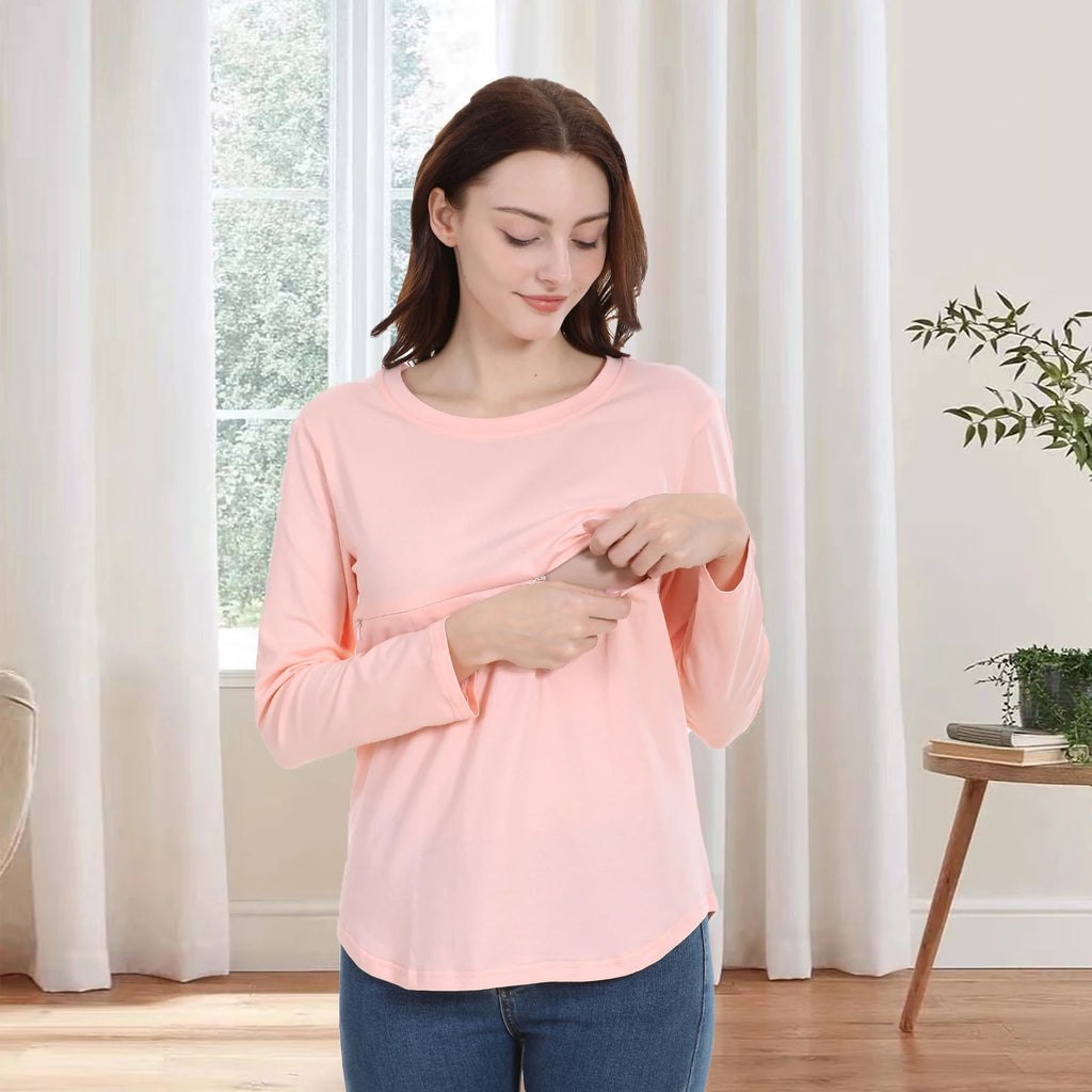 Breastfeeding T Shirt Maternity Clothes Long Sleeve Pregnancy Loose Hem Nursing Tee Spring Autumn Good Stretch Cotton