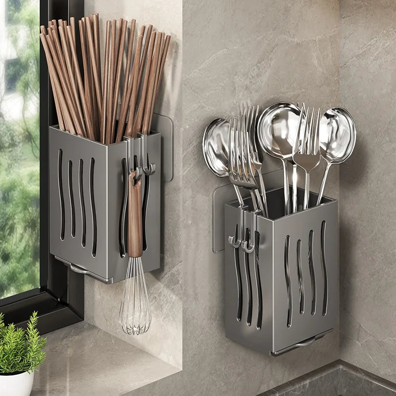Kitchen Wall Mounted Shelf Multifunctional Chopstick and Spoon Cylinder No Hole Installation Drainage Basket Tableware Storage