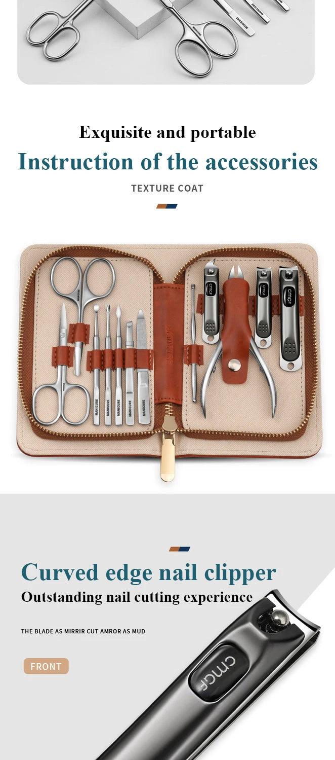 Manicure Set With Morandi Grey Top-Grade Full Grain Cow Leather Packaging Nail Clipper Kits Perfect Gift Friends Family