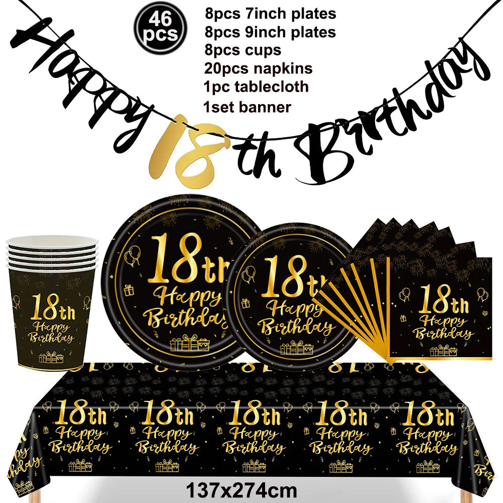 18th Birthday Decors for Boys Girls Black Gold Party Banner Balloon Tablecloth Plate Cup Napkin 18 Years Birthday Party Supplies