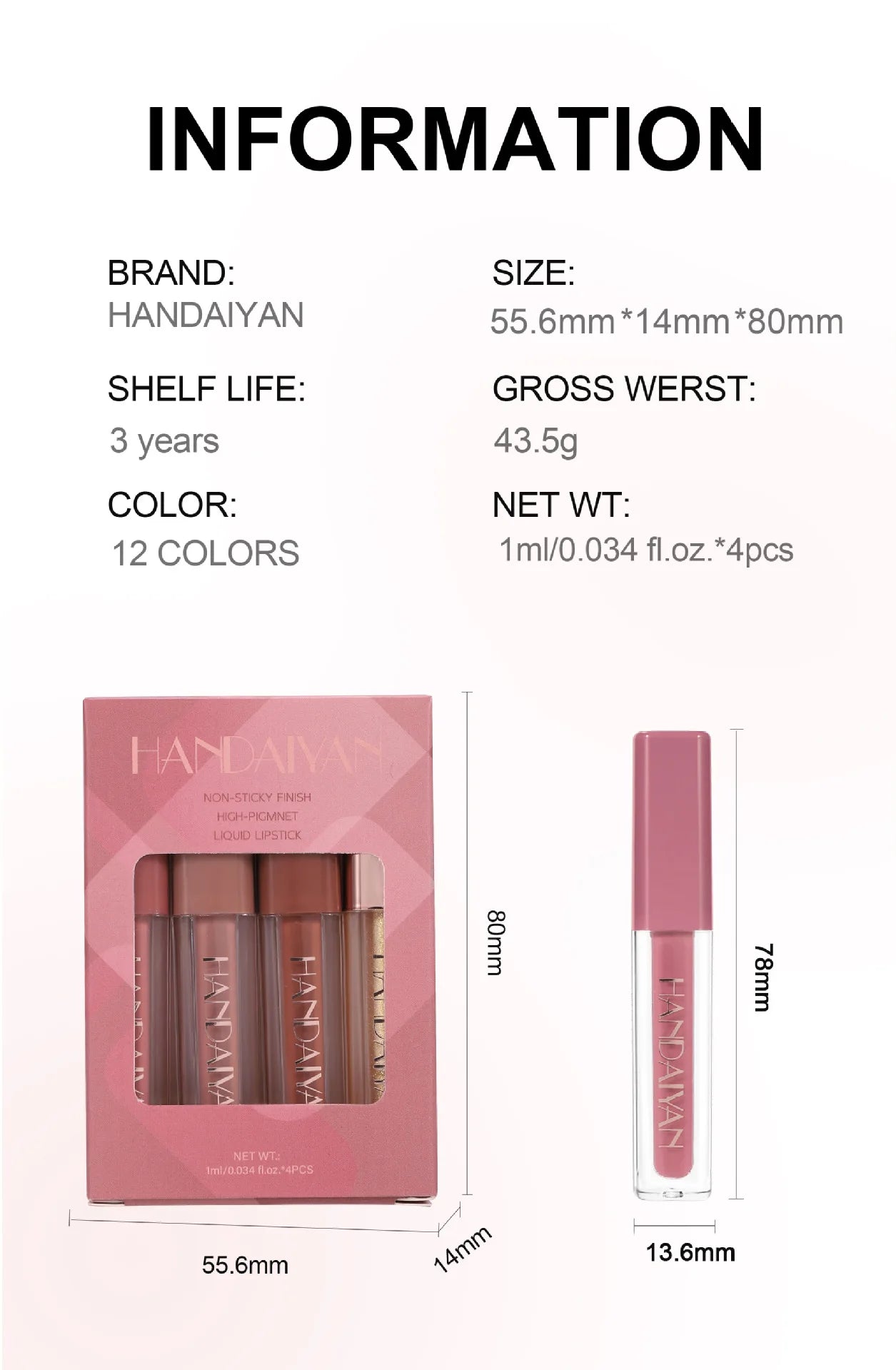 4 Pcs Lip Gloss Set, Waterproof Non Transfer Shimmer Lipstick, Long Lasting & Easy to Apply Liquid Lip Gloss for Daily Makeup