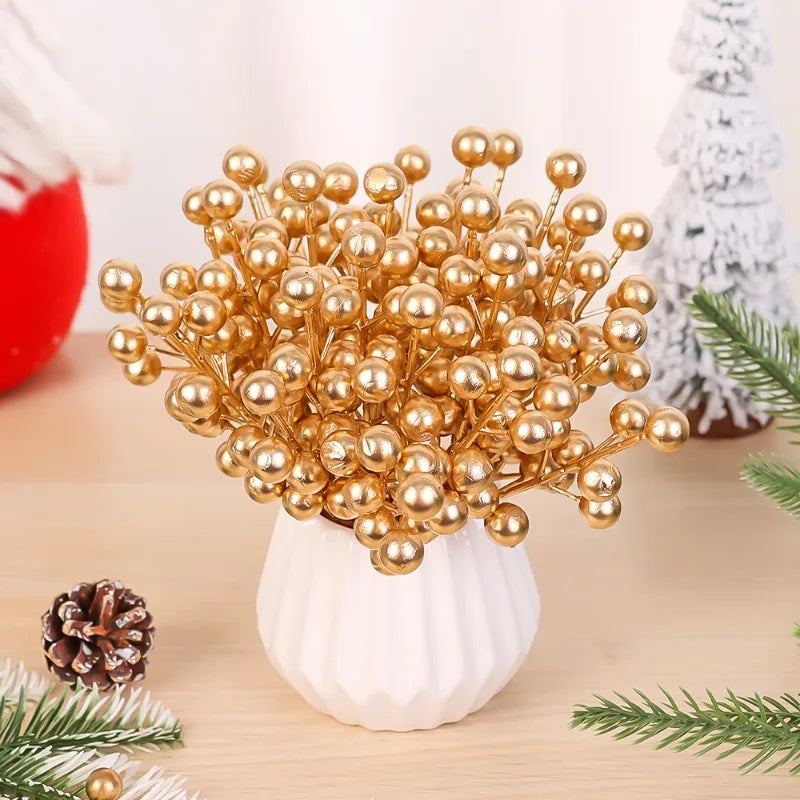 100/1pc Artificial Red Berry Stems Christmas Tree Holly Berries Branches DIY Xmas Wreath Table Ornaments New Year Party Decor