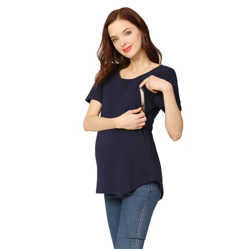 Emotion Moms New Women Maternel T-Shirt Short Sleeve Stretch Cotton Tops Zipper Breastfeeding Loose Pregnant Clothes Big Size