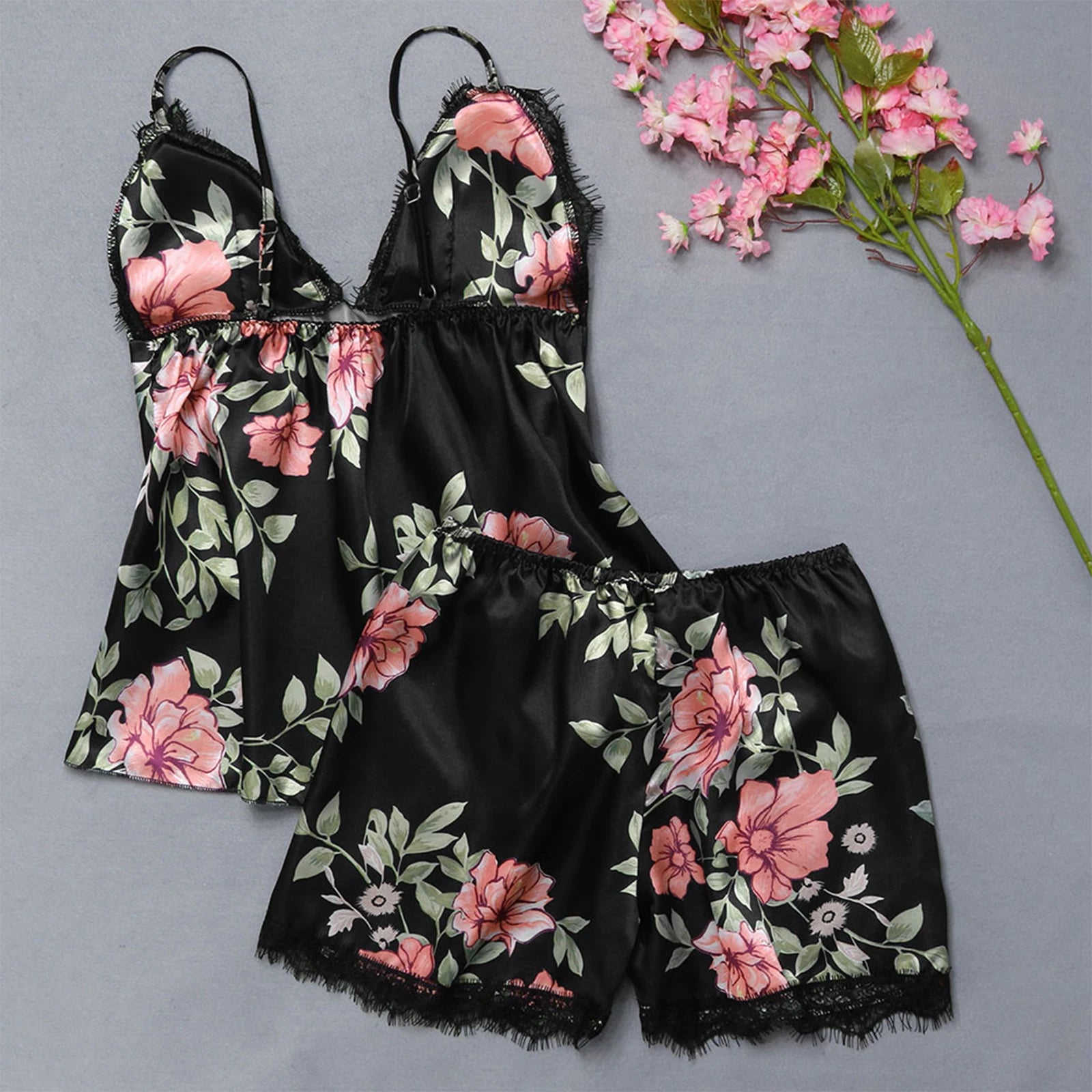 Women Pajama Suit Fashion V-Neck Stretch Satin Babydoll Lace Sexy Lingerie Bowknot Pyjamas Sleep Shorts Set Sleepwear New